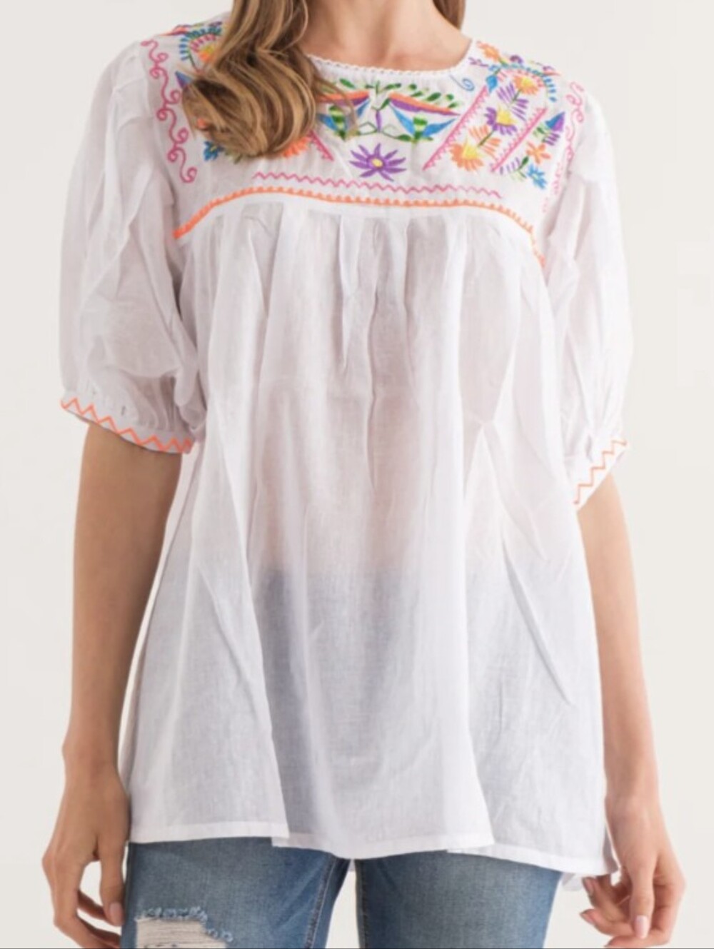 New With Tags Raj White Cotton Peasant Blouse with Multicolor Floral Embroidery